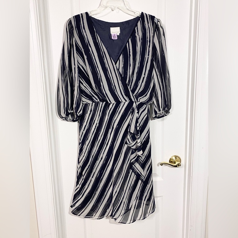 Y2K Donna Morgan Brushstroke Stripe Faux Wrap Dress Navy White Size 10